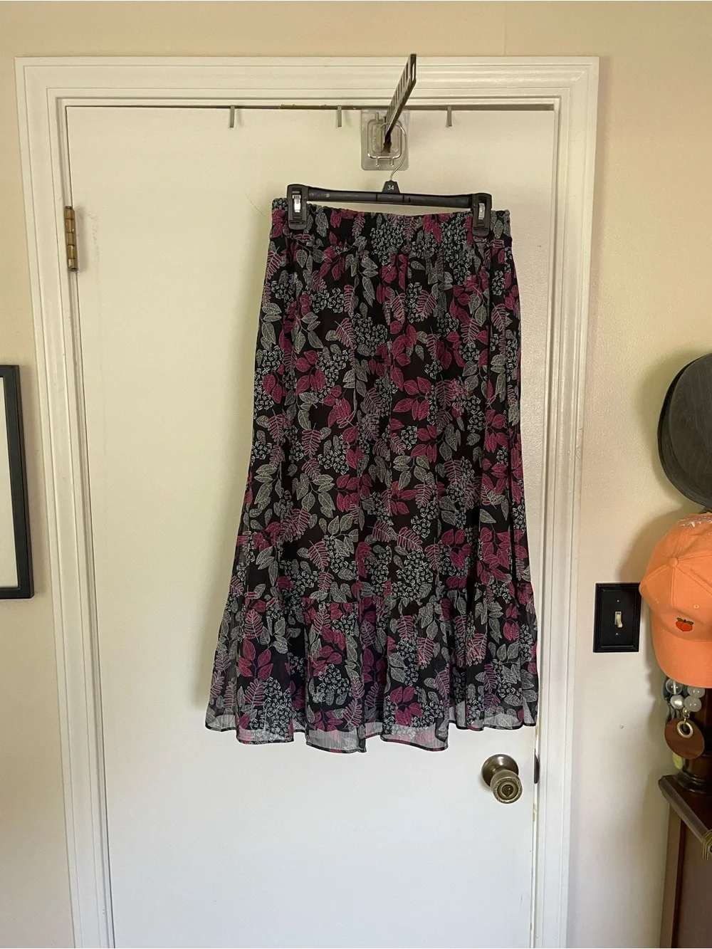 LOFT Black Midi Skirt with Pink and Gray Floral Print